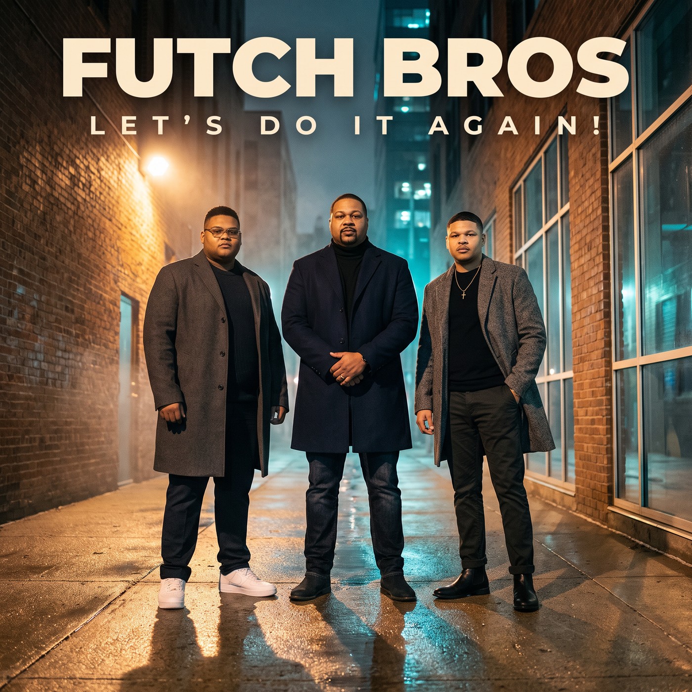 Futch Bros — Let&rsquo;s Do It Again! album cover: three men in overcoats standing in a wet night alley, lit by amber street light on one side and teal city glow on the other